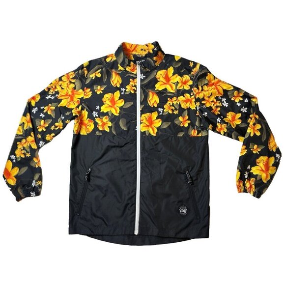 Neff Long Sleeve Black & Tropical Floral Print Zip Front Windbreaker Large - Picture 1 of 6